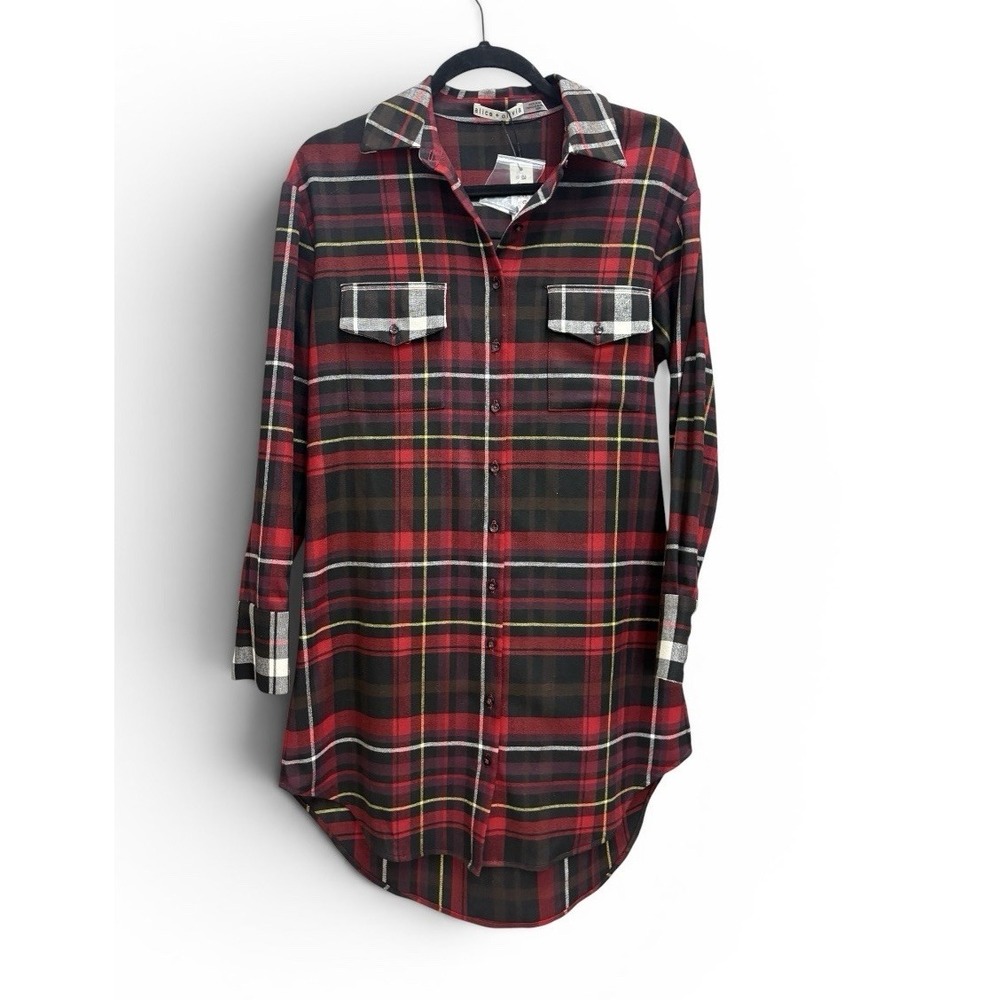 Alice + Olivia Women's Long Sleeve Red Plaid Tartan Button Shirt Dress Sz XS-M